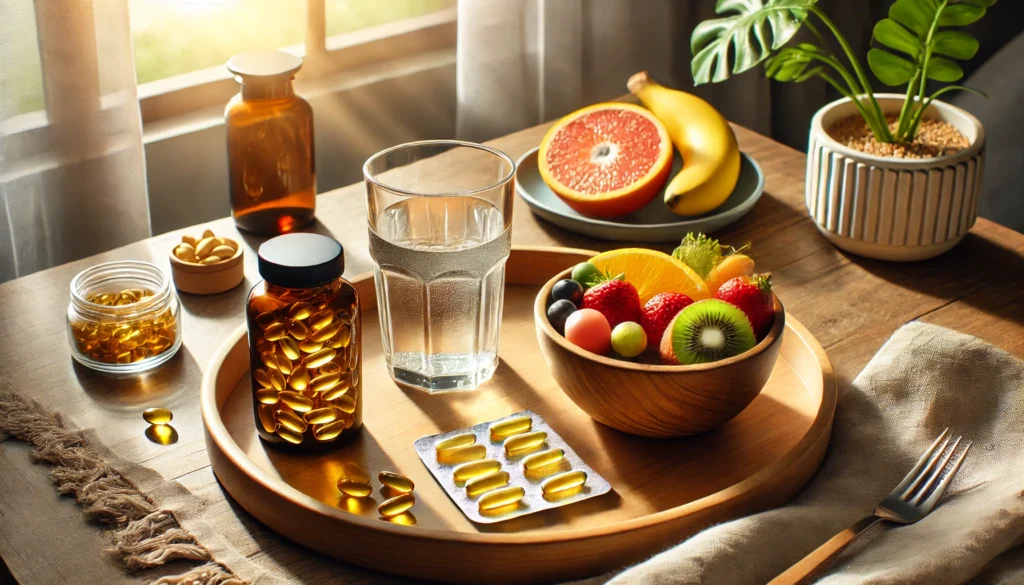 A morning wellness routine setup featuring a glass of water with vitamin capsules, a bowl of fresh fruits, and a bottle of Omega-3 supplements on a wooden tray, with sunlight streaming through a window to create a peaceful ambiance.