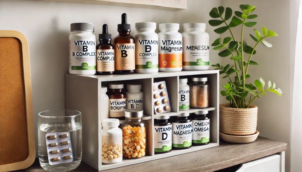 "A supplement shelf neatly organized with bottles of vitamins that help with anxiety, including Vitamin B complex, Vitamin D, Magnesium, and Omega-3, placed next to a small potted plant and a glass of water in a clean, health-conscious setting."