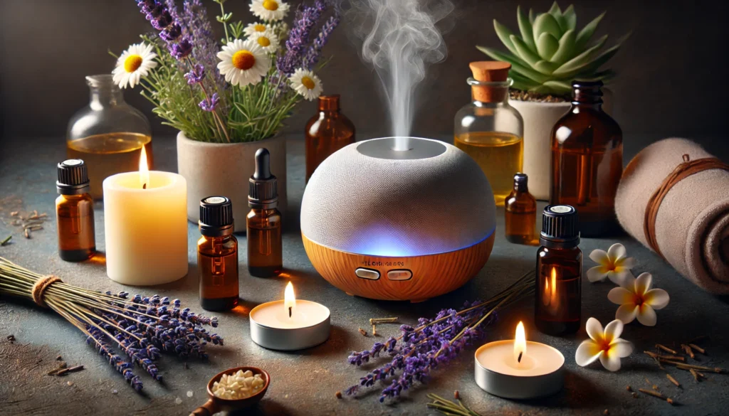 A relaxing aromatherapy setup featuring essential oils known for reducing anxiety, including lavender, chamomile, and bergamot, with a diffuser emitting mist and a candle creating a calming ambiance."