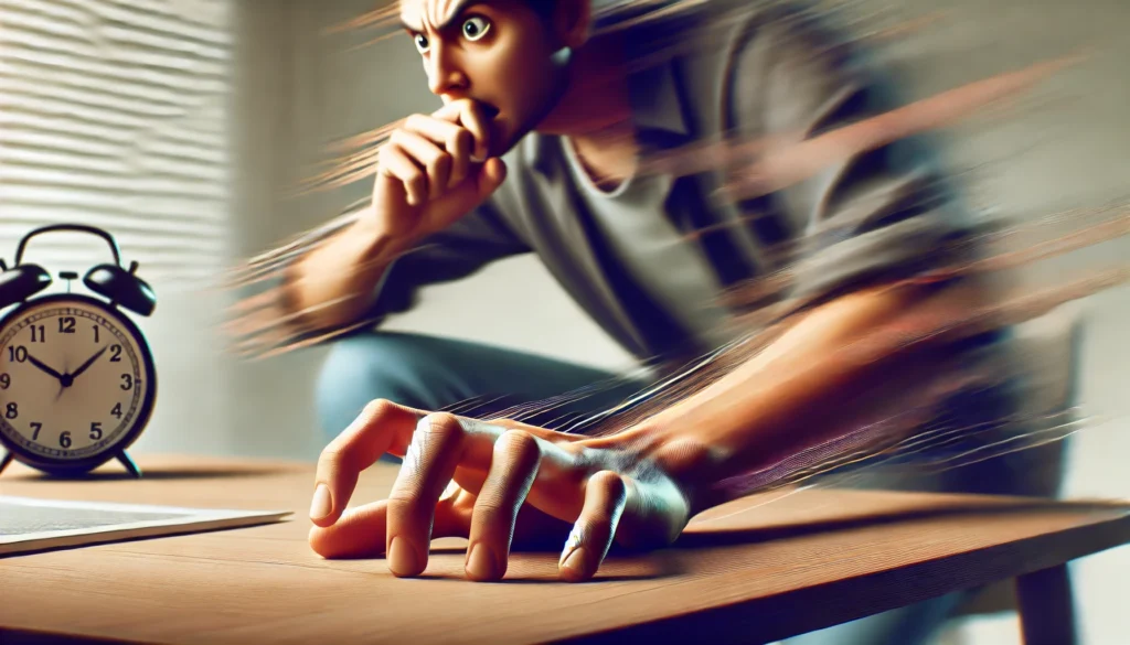 A visual representation of anxious body language featuring a person tapping their fingers on a table, bouncing their leg, and displaying a tense facial expression. The background is softly blurred to emphasize the physical manifestations of anxiety."