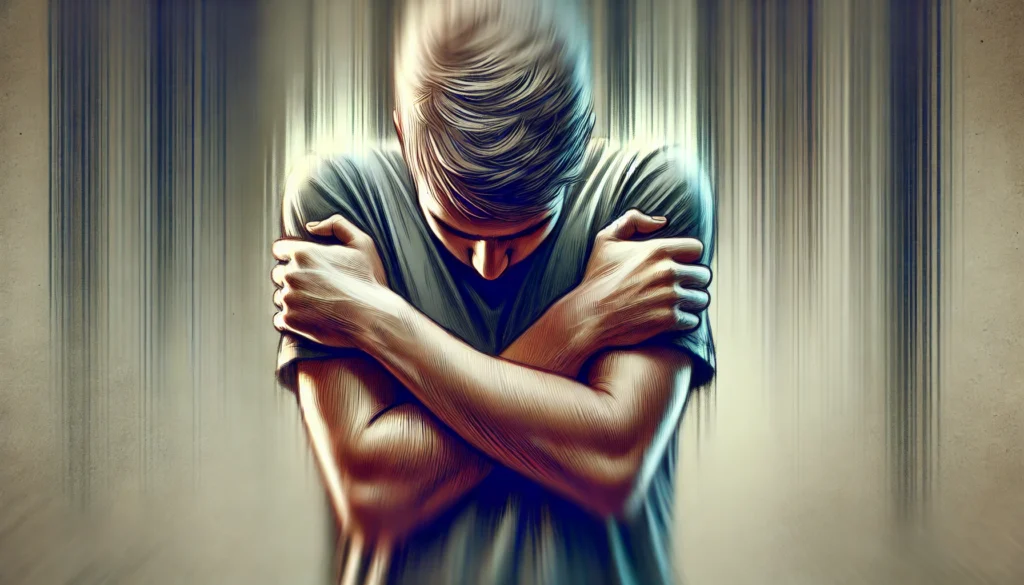 An illustrative depiction of anxiety through body posture, showing a person standing with arms crossed tightly and shoulders hunched. Their gaze is directed downward, conveying discomfort and nervousness against a blurred background."