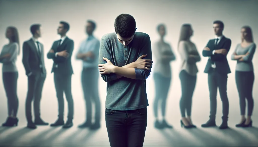 A conceptual image illustrating social anxiety through body language, featuring a person standing slightly apart from a group with arms crossed and avoiding eye contact. Their posture appears closed off and tense, emphasizing feelings of discomfort and nervousness in social situations."