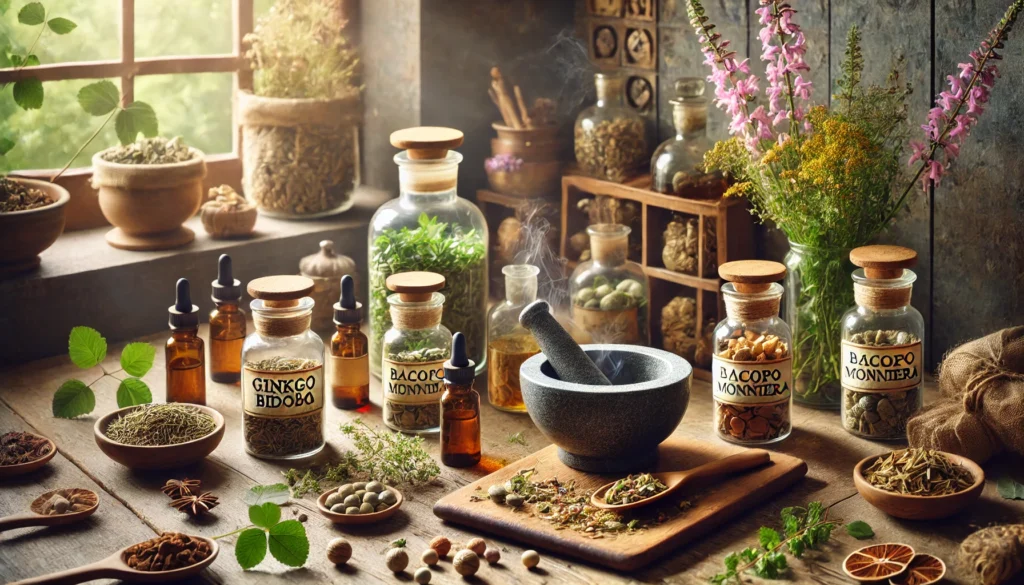 "A visually rich composition featuring a variety of nootropic herbs, adaptogens, and brain-boosting natural remedies. The scene includes freshly picked leaves, herbal powders, and glass bottles of extracts arranged on a wooden table. A steaming cup of herbal tea adds warmth, symbolizing the integration of herbal medicine into daily cognitive wellness routines.