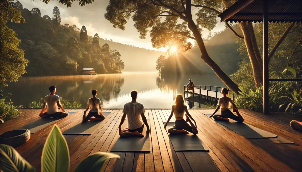 A peaceful outdoor yoga session at sunrise, featuring a person practicing a meditative pose on a wooden platform overlooking a calm body of water. The golden hues of the rising sun create a harmonious and reflective ambiance, symbolizing inner peace and mindfulness.