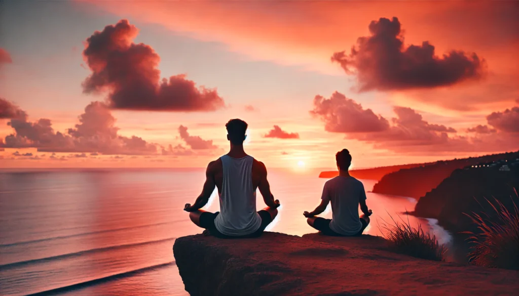 A person practices a seated meditation pose on a cliffside overlooking the ocean at sunset. The sky glows with warm hues of orange and pink, creating a serene and peaceful atmosphere. The individual sits in a relaxed posture, embodying mindfulness and inner balance.