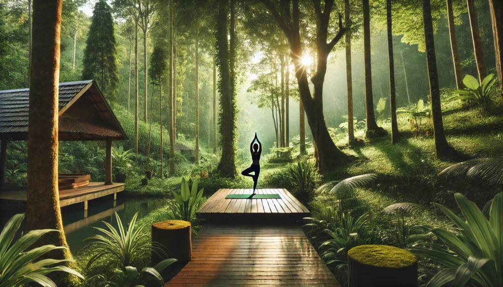 A person practices the tree pose on a wooden platform surrounded by tall trees in a lush forest. Sunlight filters gently through the leaves, casting a warm glow on the scene. The tranquil setting emphasizes harmony with nature and mental well-being.