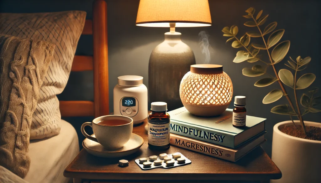 A tranquil bedside table setup designed for relaxation and stress relief. The scene includes a warm cup of herbal tea, a small diffuser releasing soothing essential oils, a book on mindfulness, and a bottle of magnesium supplements. A dimly lit lamp casts a gentle glow, setting a cozy and calming atmosphere for unwinding before sleep.