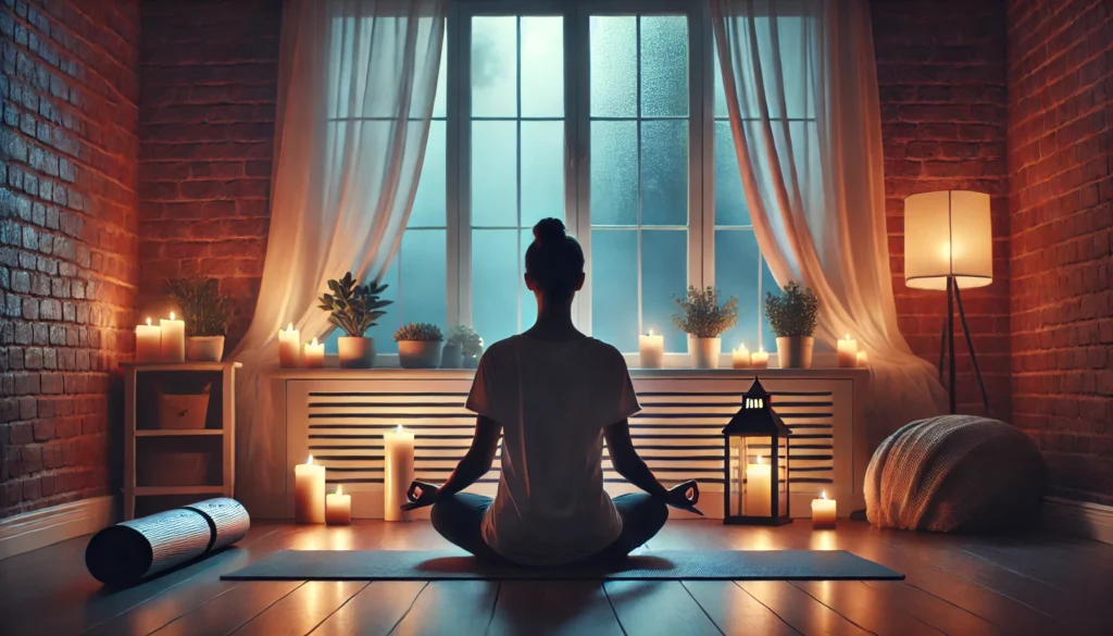 A person meditating in a peaceful room with soft lighting, candles, and a yoga mat. The atmosphere is cozy and promotes relaxation, emphasizing the mental health benefits of yoga for depression relief.