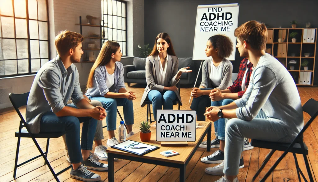 Group ADHD Coaching Session

ALT Text: "A group ADHD coaching session with a diverse set of individuals engaged in an interactive discussion. The ADHD coach leads the session in a modern and welcoming environment, reinforcing the benefits of searching for an ADHD coach near me."