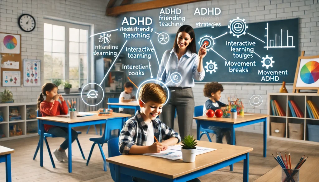 ADHD-Friendly Classroom Strategies

ALT Text: "An engaging classroom setting where a teacher uses ADHD-friendly teaching strategies, such as interactive learning tools and movement breaks, to support a child with ADHD. The structured yet stimulating environment reinforces effective educational approaches in childhood ADHD treatment."