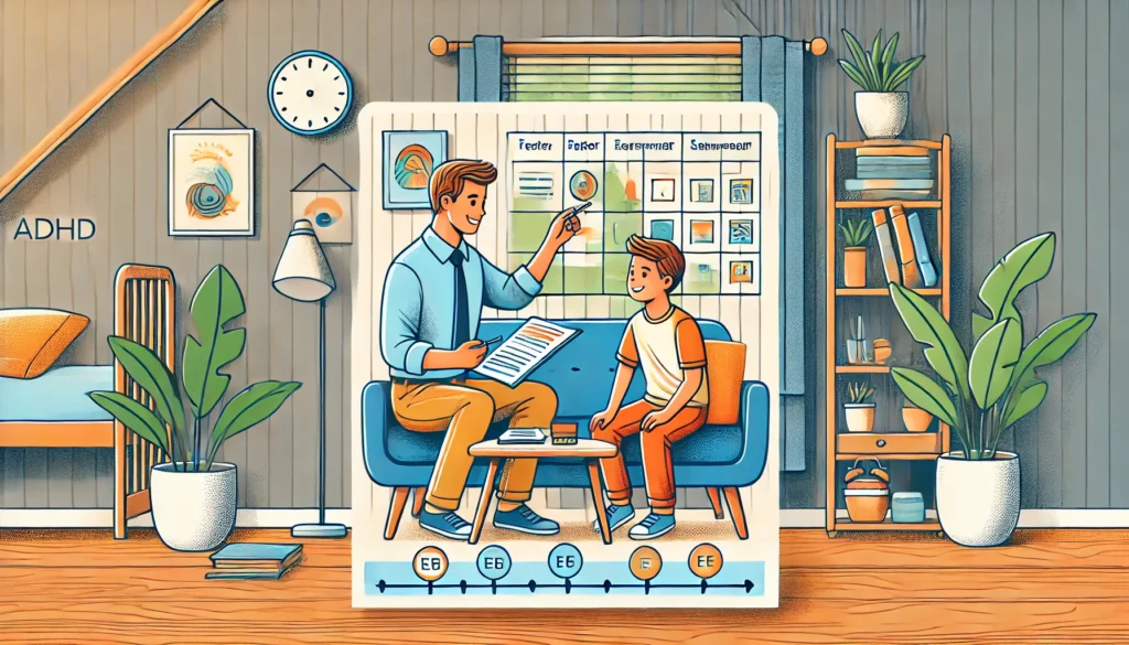 Home-Based ADHD Management

ALT Text: "A supportive home environment where a parent helps their child with ADHD stay organized using a visual schedule. The well-structured and calming space emphasizes the importance of routine in effective childhood ADHD treatment."