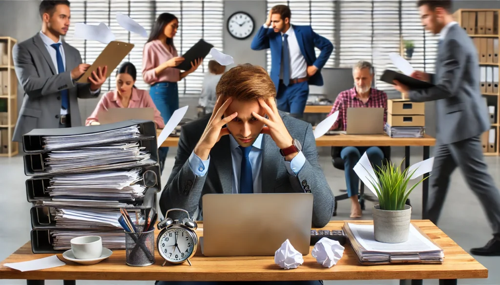 ADHD in Adulthood: Workplace Struggles

ALT Text: "An adult professional struggling with time management and focus in a modern office setting, representing ADHD symptoms in adulthood. The individual appears overwhelmed by multiple tasks while colleagues work efficiently, highlighting the long-term impact of ADHD."