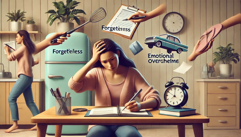 Everyday ADHD Struggles

ALT Text: "A woman experiencing ADHD symptoms, such as forgetfulness and emotional overwhelm, in a daily life scenario. She appears frustrated while searching for misplaced items, highlighting key symptoms from an ADHD in women checklist."