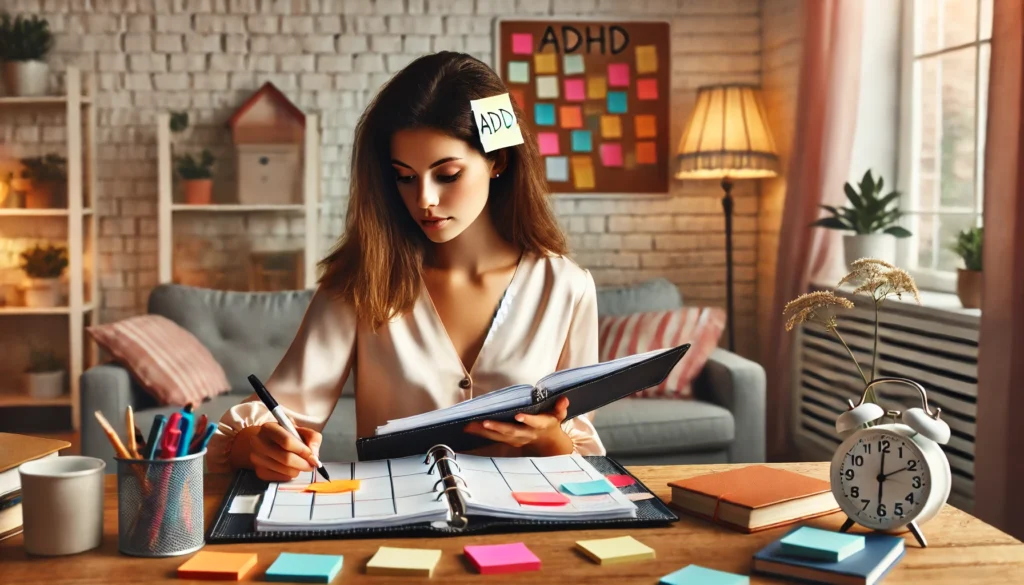 Organizing Tasks with ADHD

ALT Text: "A woman with ADHD organizing her daily tasks using a planner and sticky notes in a cozy home workspace. She appears focused yet slightly overwhelmed, representing common executive function challenges listed in an ADHD in women checklist."