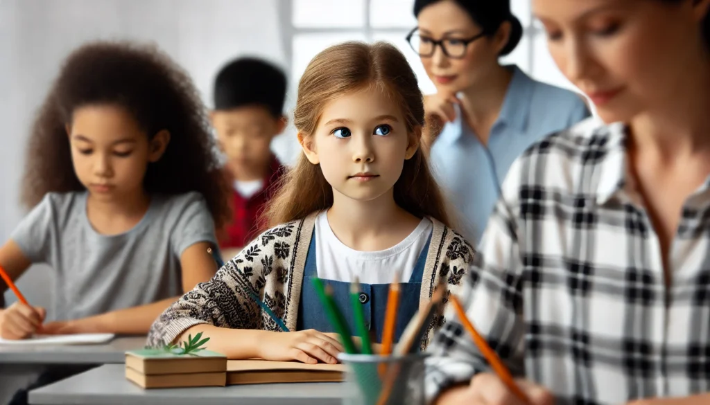 Recognizing ADHD Symptoms in a Classroom

ALT Text: "A young girl appearing distracted in a classroom while other students focus on their work. The teacher observes her thoughtfully, recognizing potential signs of ADHD in girls and the need for proper testing."