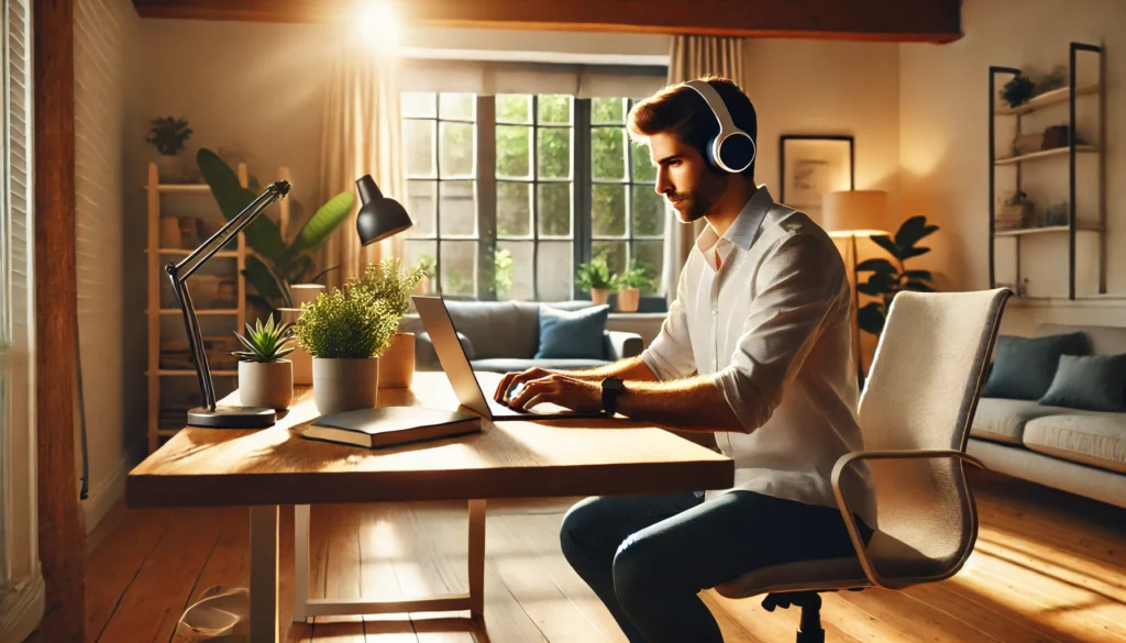 A peaceful home workspace featuring a focused professional using a laptop while wearing noise-canceling headphones. The room is filled with warm, natural light from a large window, with a clean wooden desk, an ergonomic chair, and indoor plants creating a calming and productive atmosphere.