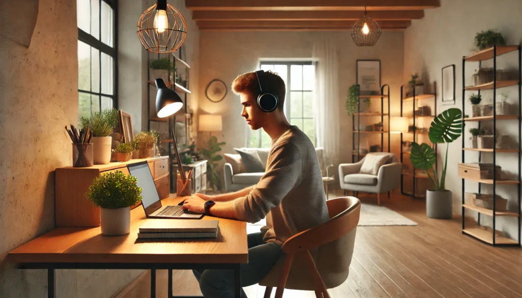 A modern and cozy home office featuring a person working at a desk with noise-canceling headphones, focused on a task. The space is filled with soft lighting, warm wooden furniture, and green plants, creating an ideal environment for concentration and productivity.