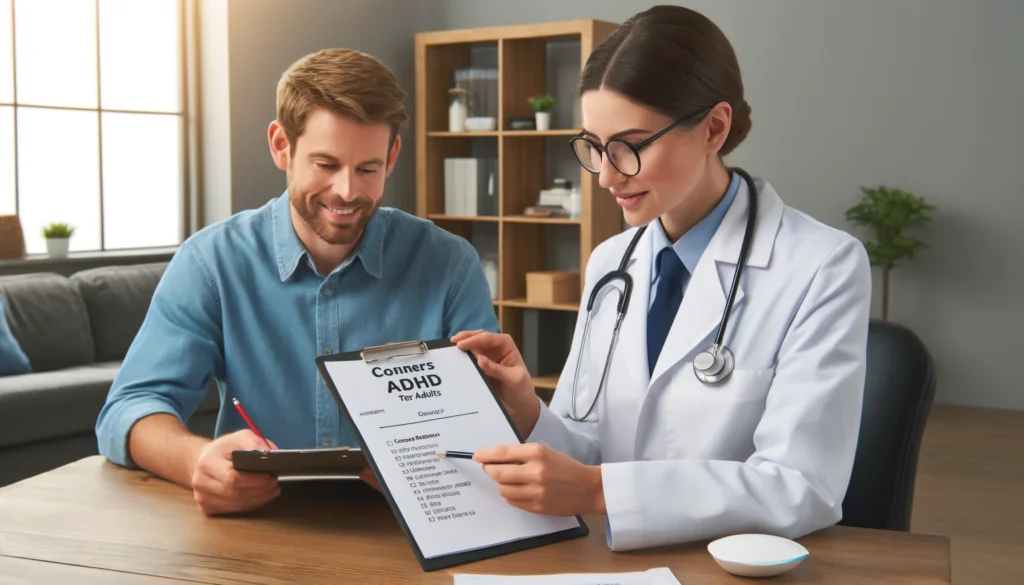 Healthcare Professional Reviewing ADHD Test Results

ALT Text: "A healthcare professional reviewing a Conners ADHD Test for Adults assessment on a clipboard while discussing results with a patient. The setting is a clinical office with a professional and supportive atmosphere, highlighting expert evaluation in ADHD diagnosis."