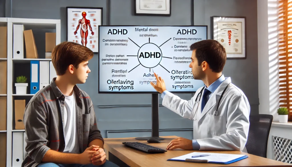 "A doctor explaining the differences between ADHD and other mental health conditions to a concerned adult patient, using a diagram on a screen."