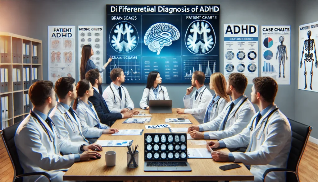 "A group of medical professionals reviewing brain scans, medical charts, and patient case studies during a discussion on the differential diagnosis of ADHD."