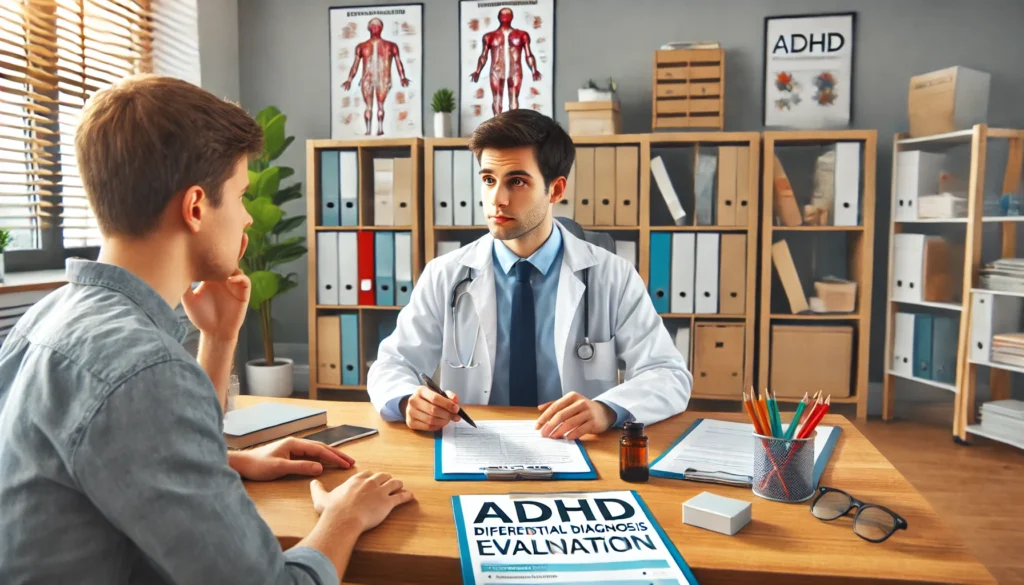 "A psychologist conducting an ADHD differential diagnosis evaluation, attentively listening to a patient while assessment forms are laid out on a desk."