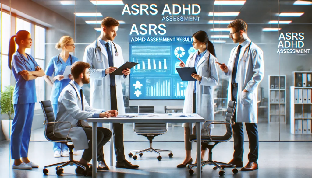 A group of medical professionals in a discussion about ASRS ADHD assessment results. The scene takes place in a modern clinical setting with doctors reviewing charts and data, emphasizing teamwork in diagnosing adult ADHD. The environment is bright and professional, fostering collaboration.

