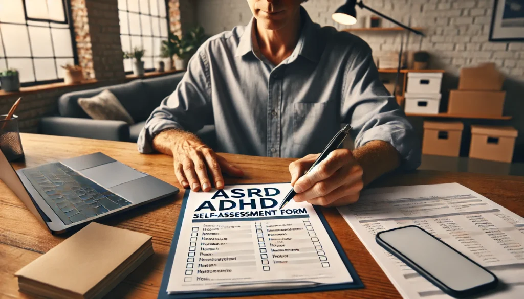 An adult sitting at a desk, thoughtfully filling out an ASRS ADHD self-assessment form. The person is in a calm home office environment, focusing on answering the questionnaire with a pen. The setting includes a laptop, a cup of coffee, and neatly arranged papers, portraying a self-evaluation moment.