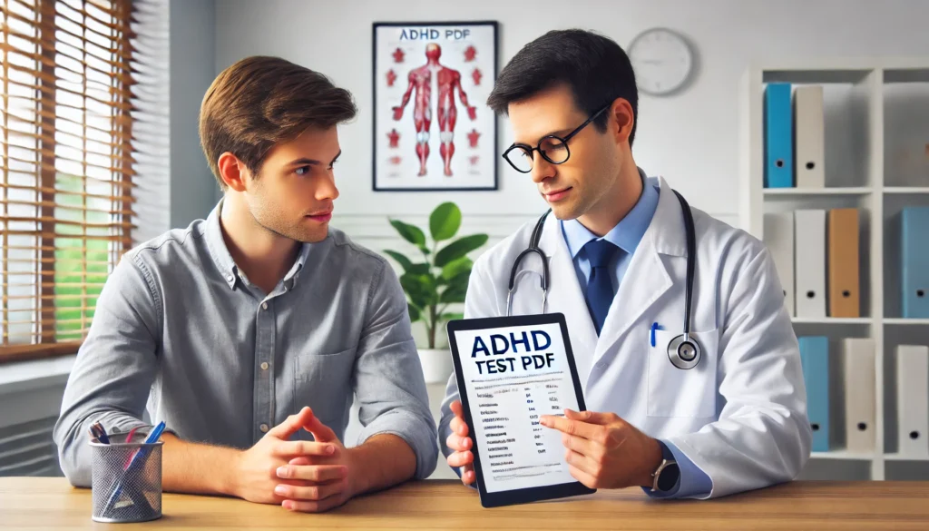 "A doctor and a patient discussing ADHD PDF test results in a clinical setting. The doctor is explaining the findings on a tablet screen, while the patient listens attentively in a professional and welcoming office."