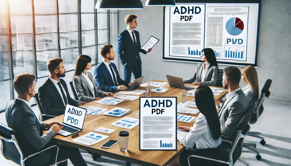 "A group of professionals engaged in a discussion about an ADHD PDF document during a meeting. The setting includes a conference table with laptops, printed reports, and a screen displaying data."