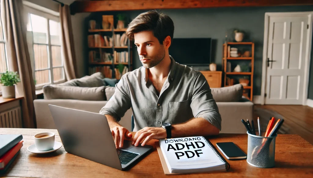 "An adult sitting at a desk, downloading an ADHD PDF document on their laptop. The individual appears focused, with a notebook and pen nearby, in a cozy home office setting."