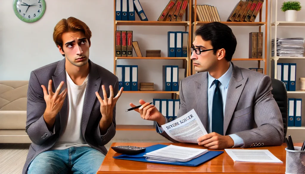 A divorce lawyer meeting with a man who has ADHD. The man looks distracted and is fidgeting with his hands while the lawyer explains legal documents. The office has a bookshelf filled with legal books and a desk with a laptop and paperwork.