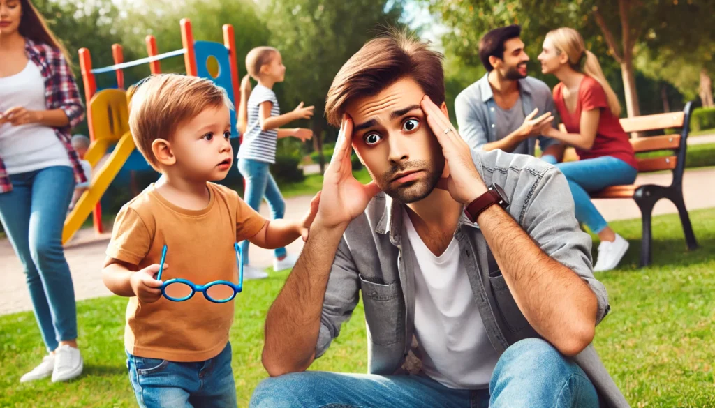 A father with ADHD playing with his child in a park. The father looks overwhelmed and distracted, while the child tries to get his attention. Other families are visible in the background, enjoying their time together.