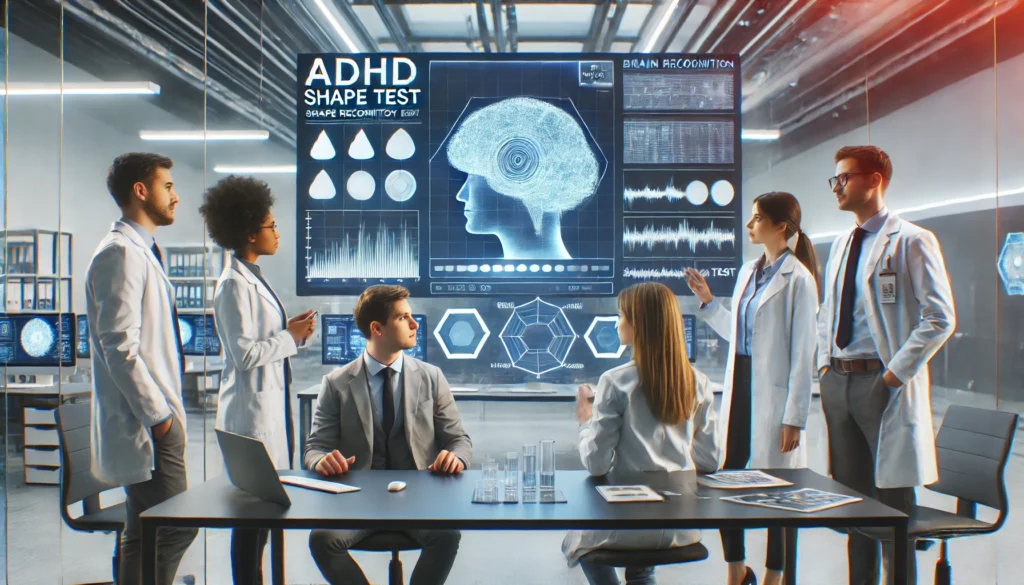 Medical Researchers Analyzing ADHD Shape Test Data – A group of professionals discussing brain activity scans and cognitive test results in a neuroscience lab.