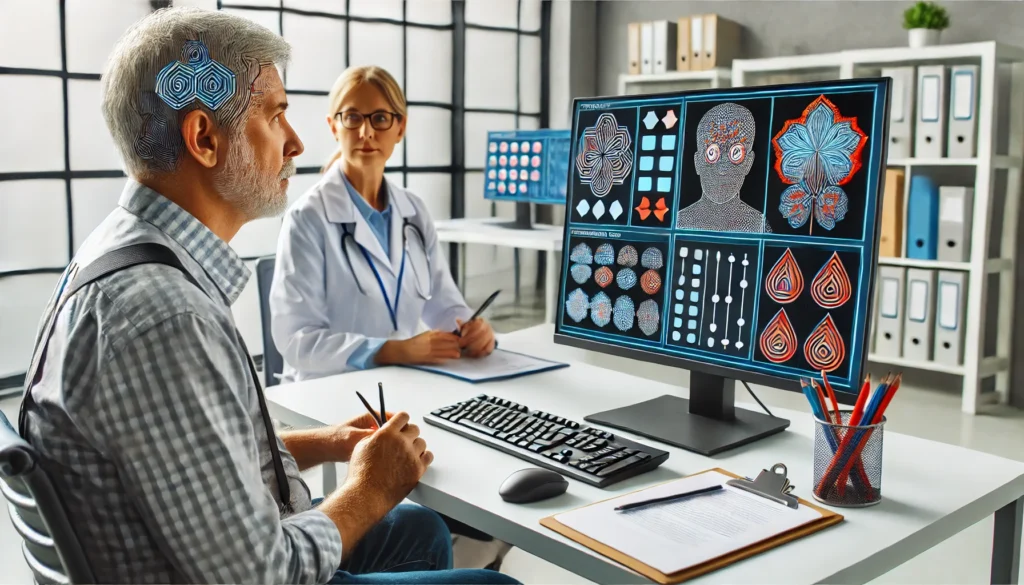 An adult patient undergoing an ADHD cognitive assessment using the Brown Attention Deficit Disorder Symptom Assessment Scale (BADDS) for adults in a clinical environment.