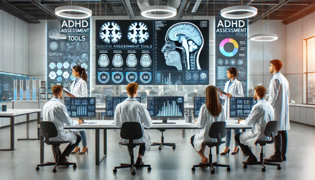 A group of medical researchers in a modern neuroscience lab analyzing ADHD assessment data from the Brown Attention Deficit Disorder Symptom Assessment Scale (BADDS) for adults.