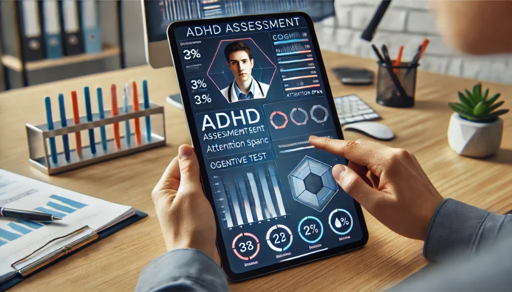 A close-up of a digital ADHD assessment interface displaying the Brown Attention Deficit Disorder Symptom Assessment Scale (BADDS) for adults, designed to evaluate executive function impairments.