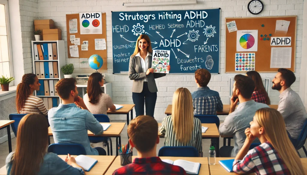 "A teacher in a classroom setting holding an ADHD booklet while explaining strategies for helping students with ADHD. The classroom has a whiteboard with educational materials in the background, and a group of engaged teachers and parents listening attentively."