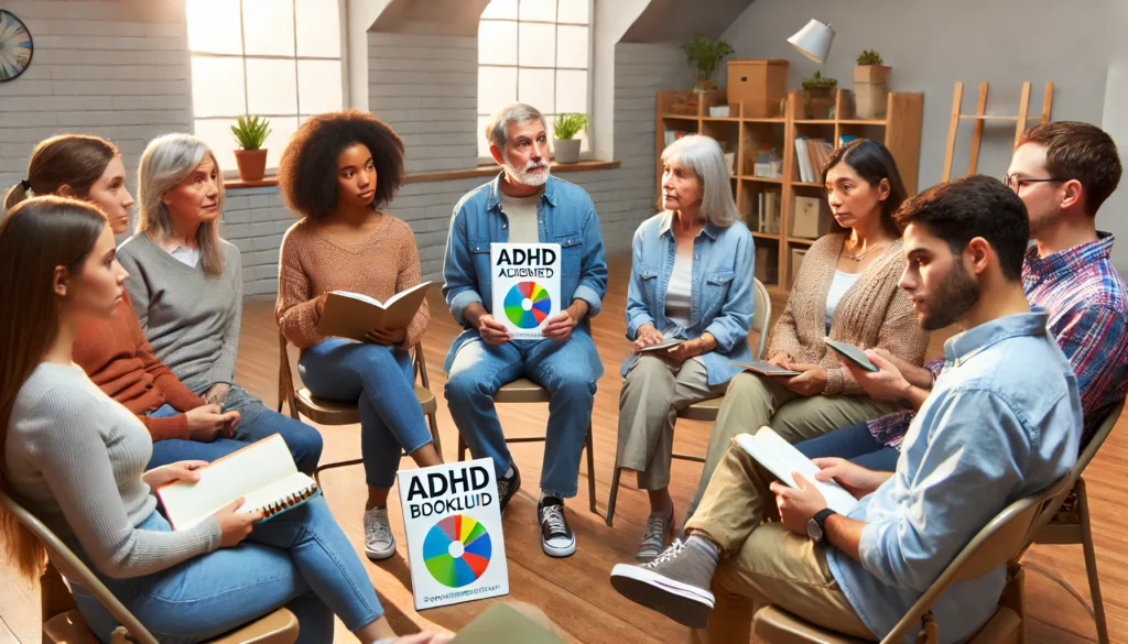 "A group of diverse individuals in a support group setting, discussing an ADHD booklet. The participants are engaged in conversation, sharing experiences, and learning about ADHD management techniques in a comfortable community center."