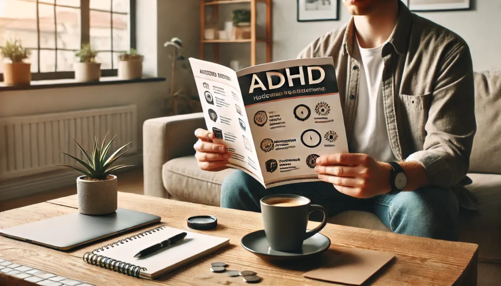 "A person sitting at a table, reading an ADHD booklet in a cozy home setting. The booklet contains information about ADHD symptoms, management strategies, and treatment options. A cup of coffee and a notepad create a relaxed and focused atmosphere."