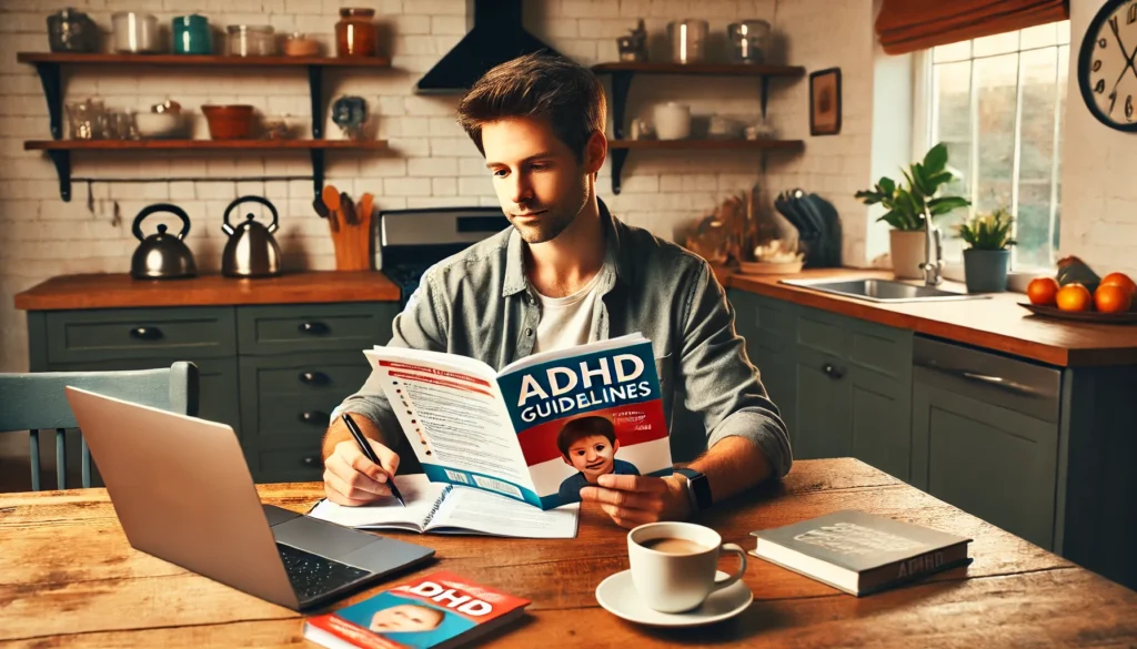 "A parent sitting at a kitchen table reading an ADHD guidelines booklet while taking notes. The scene is cozy and warm, with a cup of coffee, a notepad, and a laptop open to a medical website."