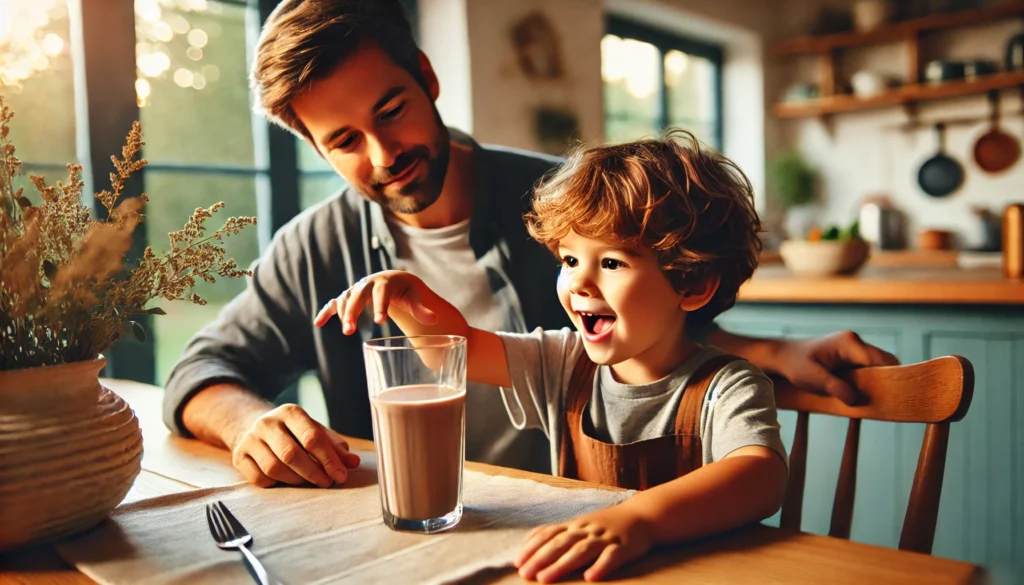 "A 5-year-old child with ADHD sitting at a dining table, reaching for a glass of chocolate milk while looking excited, with a loving parent monitoring their behavior in a cozy home setting."