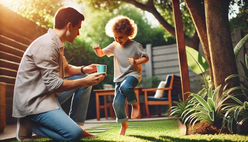 "A 5-year-old child with ADHD playing in a backyard, holding a small cup with caffeine-free tea, energetically jumping around as a concerned parent watches from a distance."