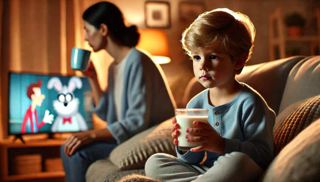 "A 5-year-old child with ADHD sitting on a couch watching cartoons, holding a small cup of warm milk, appearing focused but slightly restless while a parent observes in the background."