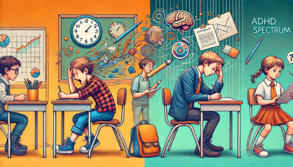 "A side-by-side comparison of different ADHD spectrum experiences, showing a child fidgeting in class, another hyperfocused on drawing, and adults balancing tasks in work settings."