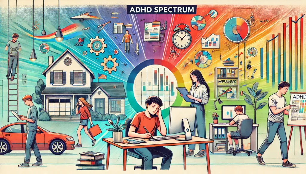 "An ADHD spectrum concept illustration showing a child struggling to focus on homework, an adult multitasking at work, and another person making impulsive decisions while shopping."