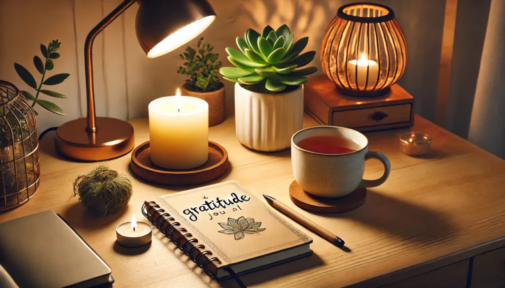 An inspiring mindfulness workspace setup – A clean wooden desk featuring a gratitude journal, a cup of herbal tea, and a lit candle. A soft lamp casts a warm glow, while a small potted plant adds a natural touch, creating a calm and focused ambiance for self-reflection.