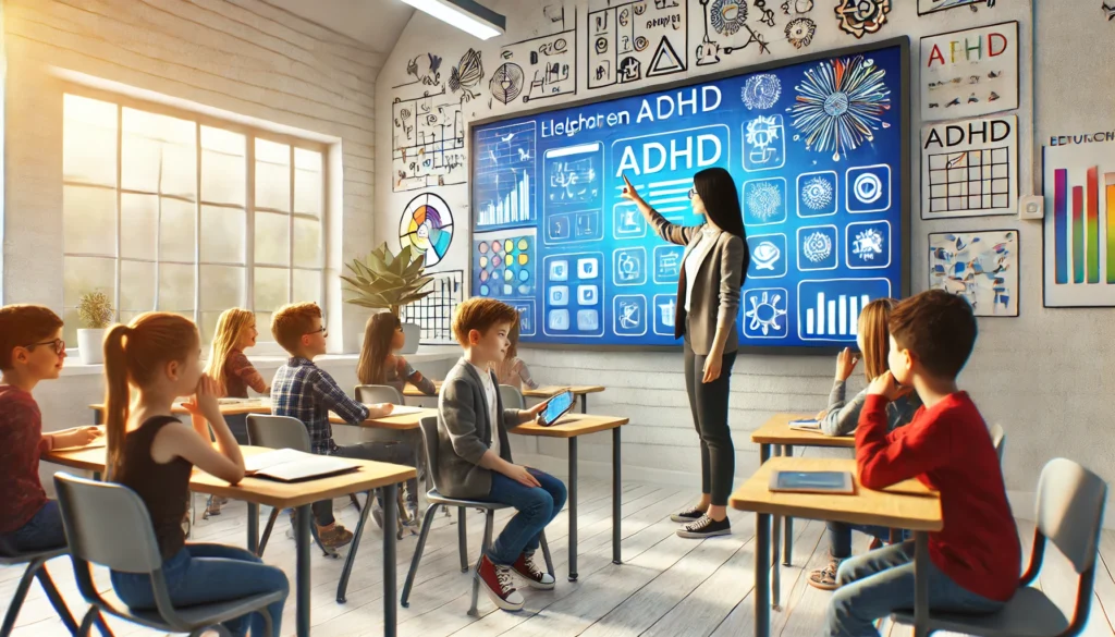 "An ADHD student using an educational app on a large interactive whiteboard in a modern classroom. The teacher provides guidance while classmates watch and engage, showcasing the integration of technology in ADHD-friendly learning environments."