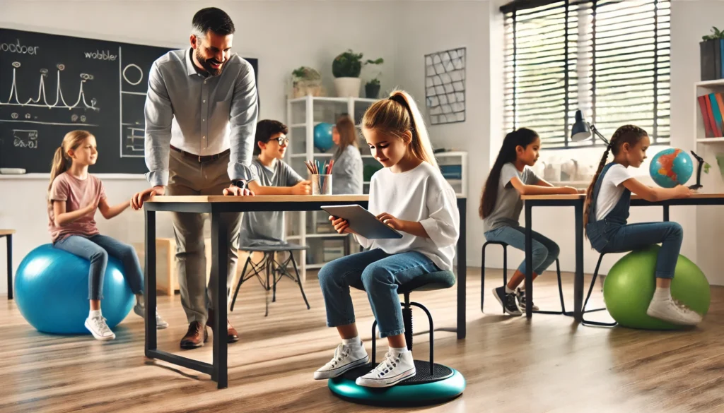 "A young girl with ADHD using a wobble chair while working on a tablet in a flexible classroom setting. The teacher provides guidance, and other students use various seating options like standing desks and floor cushions, fostering an inclusive learning environment."