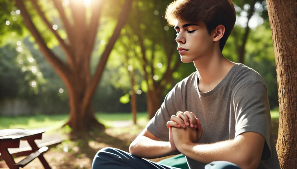 "A young person with ADHD practicing mindfulness in a peaceful outdoor setting, eyes closed and focusing on deep breathing. The natural environment with trees and sunlight highlights the role of mindfulness in managing emotional dysregulation."