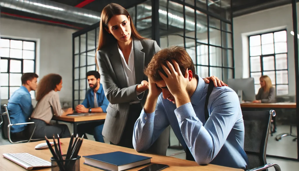 "An individual with ADHD experiencing emotional dysregulation in a professional office setting, sitting at a desk with their head in their hands while a supportive coworker offers reassurance. The scene highlights the challenges of emotional regulation in workplace environments."